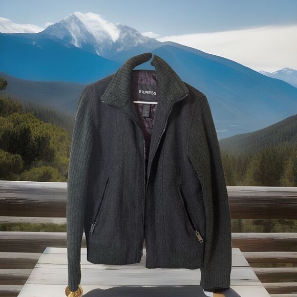 Retro Express Women's Wool Blend Bomber Jacket Charcoal Size S Full Zip Pockets - Picture 1 of 7